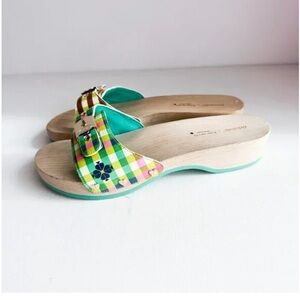 Kate Spade x Dr. Scholls Wooden Wedge Slide Sandals in Green Plaid